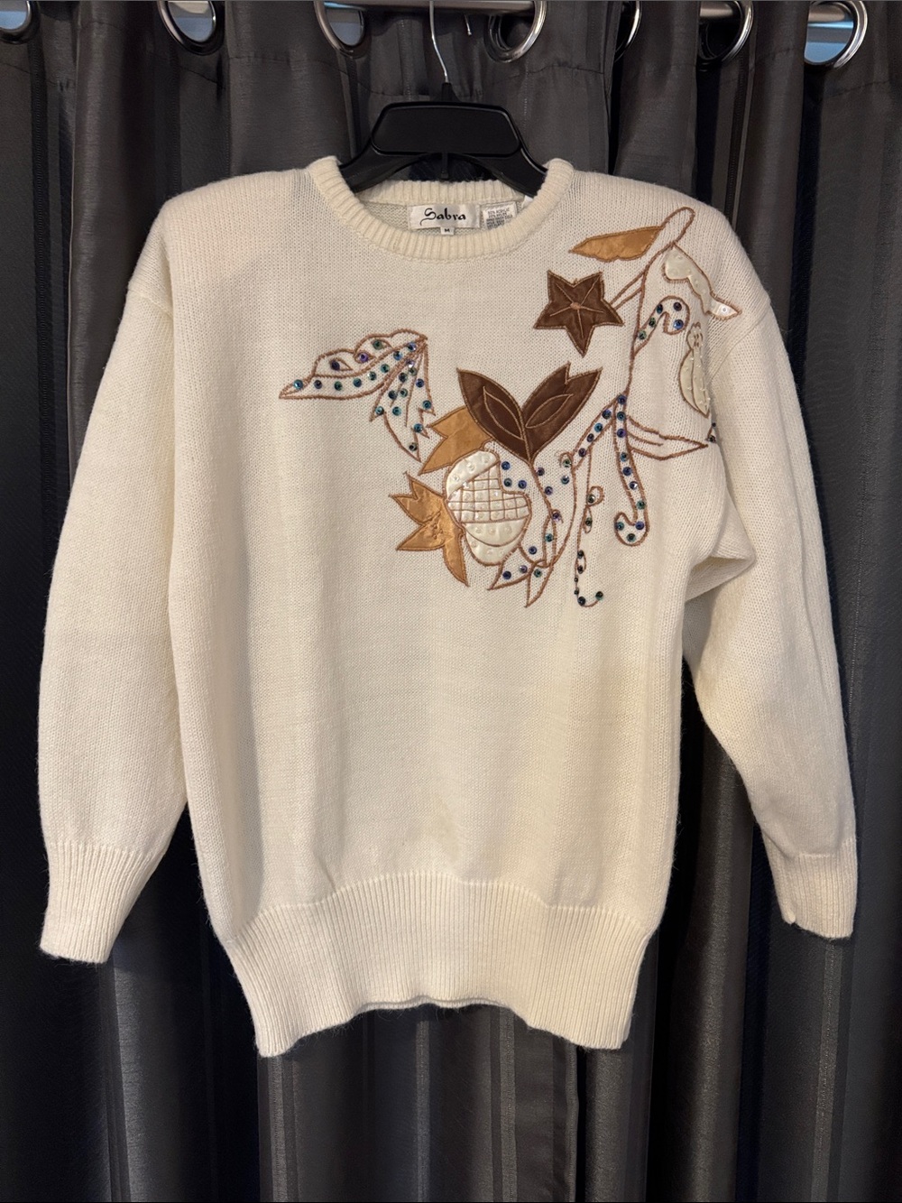 Vintage Sabra Cream Crewneck Sweater with Brown & Tan Floral Appliqué